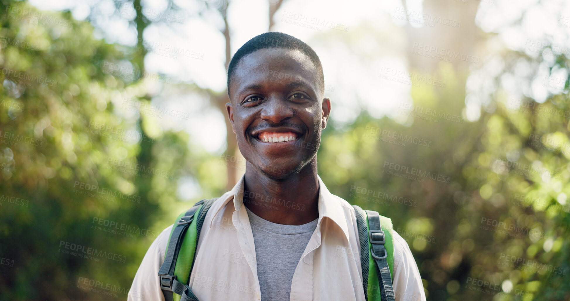 Buy stock photo Hiking, happy and portrait of black man on mountain with backpack for adventure, trekking and travel. Nature, fitness and person with smile for wellness, fresh air and exercise to explore outdoors