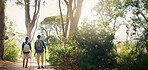 Hiking, space and couple in nature for adventure, trekking and travel on holiday. Mountain, dating and back of man and woman outdoors for walking, fresh air and exercise for bonding, relax and fun