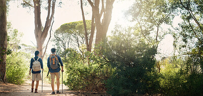 Buy stock photo Hiking, back and couple in nature for adventure, trekking and travel on holiday. Mountain, dating and space at man and woman outdoors for walking, fresh air and exercise for bonding, relax and fun