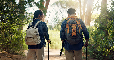 Buy stock photo Hiking, back and couple in nature for adventure, trekking and travel on holiday. Mountain, dating and man and woman with sticks outdoors for walking, fresh air and exercise for bonding, relax and fun