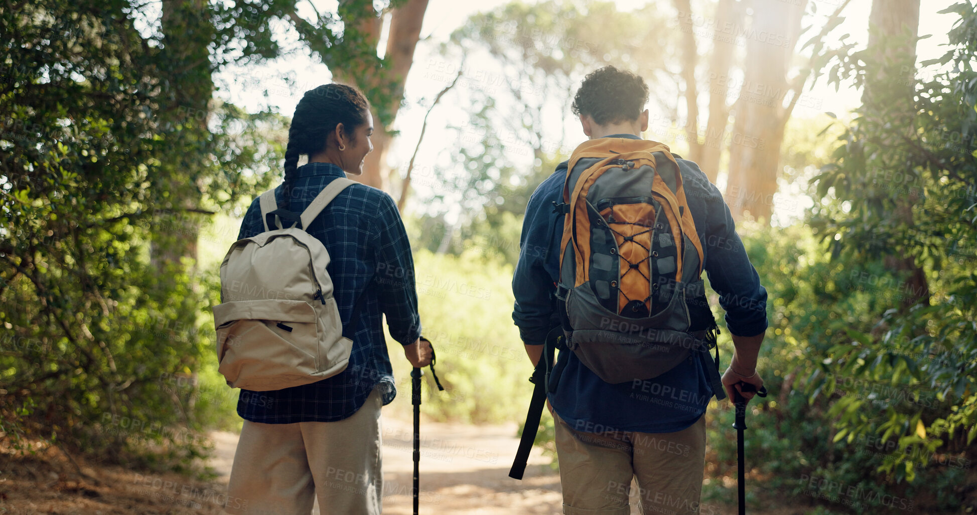 Buy stock photo Hiking, back and couple in nature for adventure, trekking and travel on holiday. Mountain, dating and man and woman with sticks outdoors for walking, fresh air and exercise for bonding, relax and fun