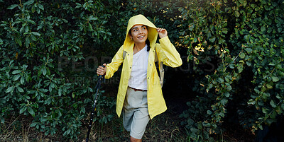 Buy stock photo Trekking pole, woman and walking in forest for travel adventure, expedition and exploring nature. Happy, person and hiking with backpack in woods for sightseeing, balance and journey with scenery