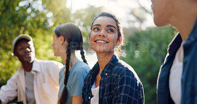 Buy stock photo Camping, couple and friends in woods, smile and bonding on adventure with group, outdoor and talking. Happy, travel and people in forest for holiday, men and conversation with women on double date