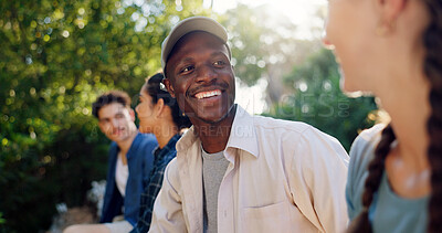 Buy stock photo Camping, couple and friends in woods, relax and bonding on adventure with group, outdoor and smile. Happy, travel and people in forest for holiday, men and conversation with women on double date