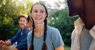 Buy stock photo Camping, couple and group in woods, talking and bonding on adventure with friends, outdoor and smile. Happy, travel and people in forest for holiday, men and conversation with women on double date