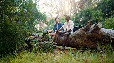 Buy stock photo Happy men, friends or break with tree at forest for hiking journey or adventure together in nature. Male people, rest or snack on log with food for trekking stop, trip or outdoor exploration in woods