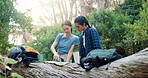 Hiking, map and women on mountain with paper for navigation, direction and location. Fitness, friends and people in conversation with guide on adventure, journey and travel outdoors for trekking