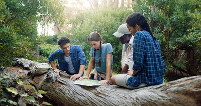 Buy stock photo Hiking, map and friends in nature with paper for navigation, direction and location for trekking. Fitness, group and people in conversation with guide on adventure, journey and travel outdoors