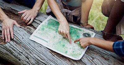 Buy stock photo Map, nature and hands of people hiking in forest with route plan for adventure together. Travel, above and friends with paper guide for trekking in woods on weekend trip for discovery or journey.