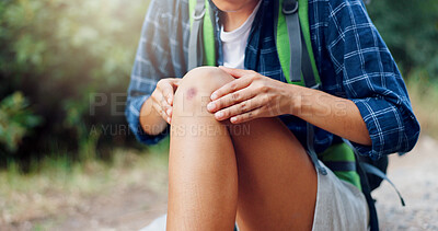 Buy stock photo Hands, knee pain and person hiking in nature with injury, fracture or inflammation from fibromyalgia or accident. Trekking, hiker and joint strain with travel fail or mistake, pressure and hurt