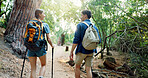 Hiking, happy and couple in nature walking for adventure, trekking and travel for hobby together. Mountain, dating and back of man and woman outdoors for backpacking, fresh air or exercise to explore