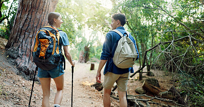 Buy stock photo Hiking, happy and couple in nature walking for adventure, trekking and travel for hobby together. Mountain, dating and back of man and woman outdoors for backpacking, fresh air or exercise to explore