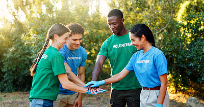 Buy stock photo Stack of hands, nature and group of volunteers in park cleaning for earth day responsibility. Motivation, teamwork and NGO workers outdoor in field for environmental maintenance with charity.