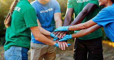 Buy stock photo Nature, volunteer and hands stack of people for teamwork at charity, community service and eco friendly outreach. Volunteering, solidarity and men and women for support, connection and collaboration