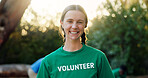 Volunteer, girl and happy with portrait at park for green project, community service and environment cleanup. Sustainable NGO, charity worker and pride for social responsibility, activism or outreach