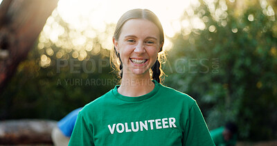 Buy stock photo Volunteer, girl and happy with portrait at park for green project, community service and environment cleanup. Sustainable NGO, charity worker and pride for social responsibility, activism or outreach