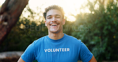 Buy stock photo Volunteer, man and happy with portrait in nature for green project, community service and environmental outreach. Sustainable NGO, person and confidence at park for social responsibility or earth day