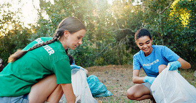 Buy stock photo Volunteer, people and happy with cleaning park for green project, community service and environmental outreach. Sustainable NGO, teamwork and pride in nature for trash collection, activism or support