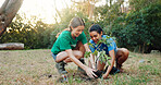 Women, volunteer and planting trees in forest, sustainability and environment with Earth Day project. Happy, people and support with community service, eco friendly activity and nature growth