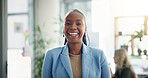 Office, businesswoman and portrait with happiness for about us, professional career and consultant. Workplace, female person and financial advisor with smile for meeting, confidence and ambitious