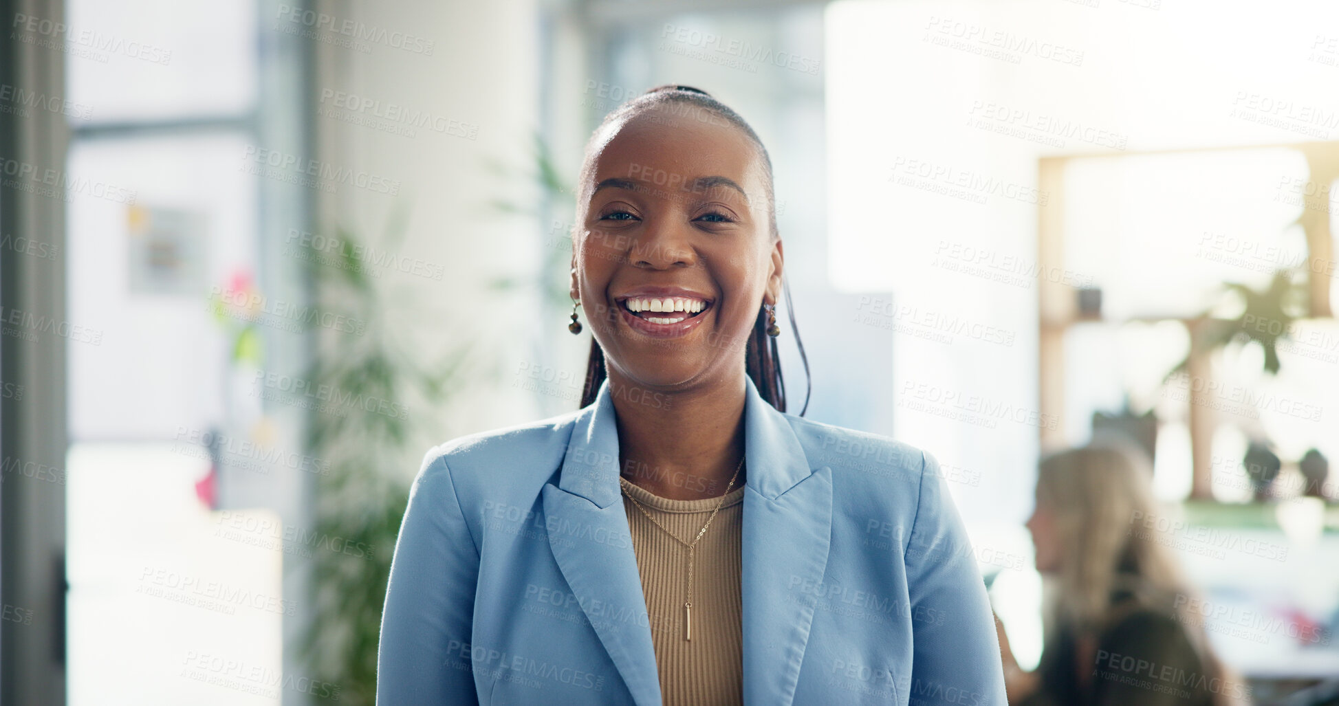 Buy stock photo Office, businesswoman and portrait with happiness for about us, professional career and consultant. Workplace, female person and financial advisor with smile for meeting, confidence and ambitious