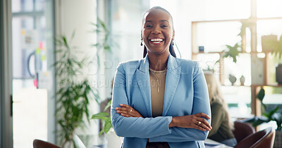 Buy stock photo Creative, crossed arms and portrait of business black woman with smile for confidence, pride and ambition. Professional, office and person for copywriting, journalism and editor for online magazine