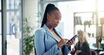 Business, woman and scroll with phone in office for online schedule, reading email or checking notifications. Professional, employee and smartphone at creative agency for internet browsing or texting