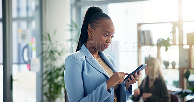 Buy stock photo Business, woman and scroll with phone in office for online schedule, reading email or checking notifications. Professional, employee and smartphone at creative agency for internet browsing or texting