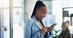 Business, woman and laughing with phone in office for social media meme, funny post or text message joke. Professional, employee and smartphone at creative agency for internet browsing and work break