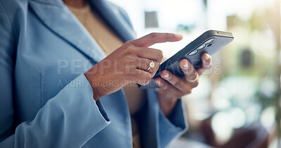 Buy stock photo Business, woman and hands with phone in office for social media scroll, reading email and internet browsing. Professional, employee and smartphone for text message, mobile chat response or work break