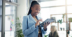 Business, reading and tablet with editor black woman in office for online magazine publication. Agency, creative and editing with employee in workplace for article approval or publishing schedule