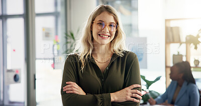 Buy stock photo Creative, crossed arms and portrait of business woman with smile for confidence, pride and ambition. Professional, office and person for copywriting agency, journalism and editor for online magazine