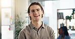 Happy man, portrait or designer with glasses in confidence for creative research and development at office. Face, male person or web developer with smile for online business or campaign at workplace 