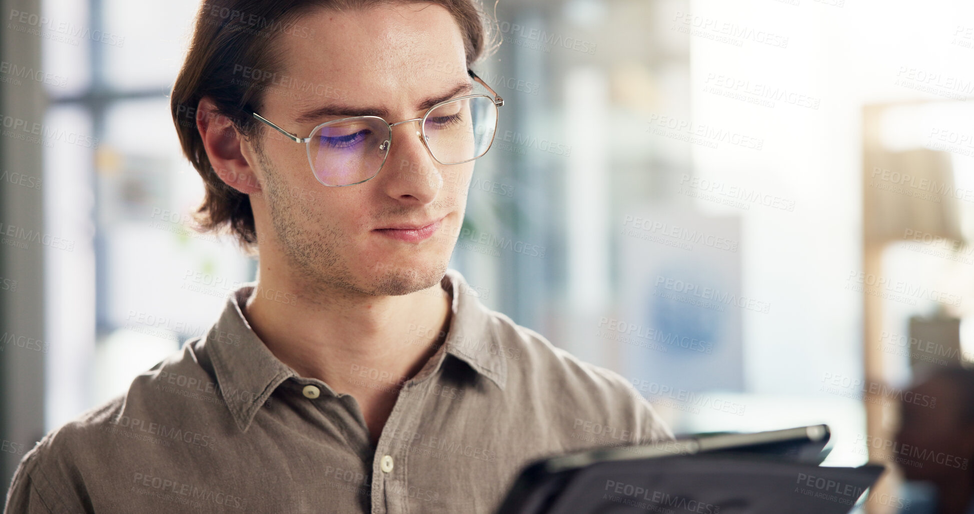 Buy stock photo Business, reading and tablet with editor man in office for online magazine publication. App, creative and editing with confident employee in workplace for article approval or publishing schedule