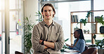Creative, crossed arms and portrait of business man with smile for confidence, pride and ambition. Professional, office and person for copywriting agency, journalism and editor for online magazine