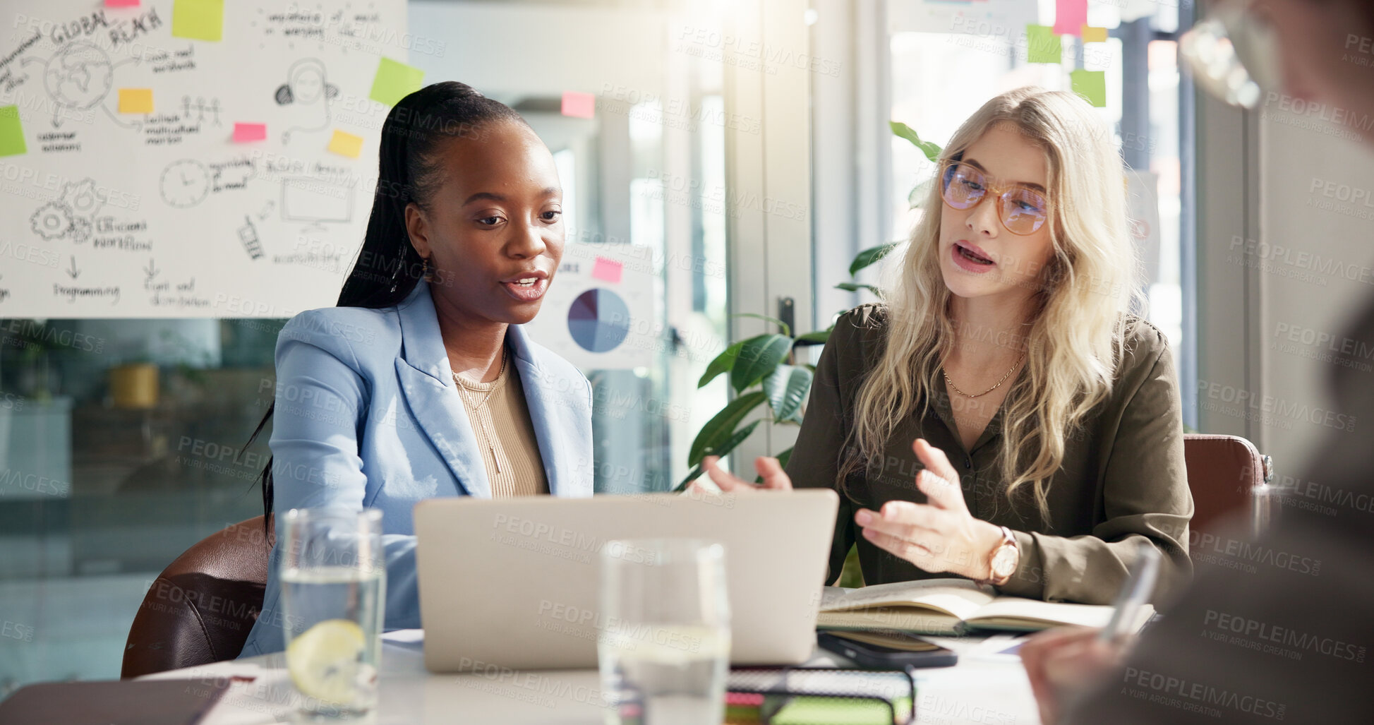 Buy stock photo Laptop, marketing strategy and meeting with business women in office for discussion or planning. Collaboration, global reach and workflow with employee people in corporate workplace for development