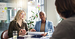 Interview, recruitment and resume with business women in office for human resources meeting. Candidate, job opportunity and vacancy with employee people in corporate workplace for hiring process
