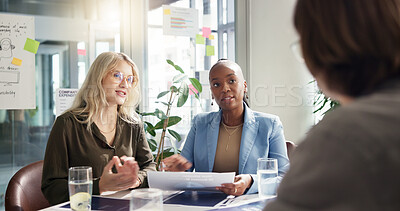 Buy stock photo Interview, recruitment and resume with business women in office for human resources meeting. Candidate, job opportunity and vacancy with employee people in corporate workplace for hiring process