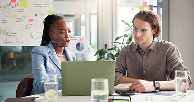 Buy stock photo Teamwork, discussion or people with charts or laptop for social media statistics or business meeting. Research, SEO analysts or technology for reading report, subscription growth or online app review