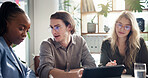 Meeting, tablet and business people in office, planning and ad agency with feedback for project. Employees, sales consultant and group in workplace, tech and email for proposal, review budget or talk