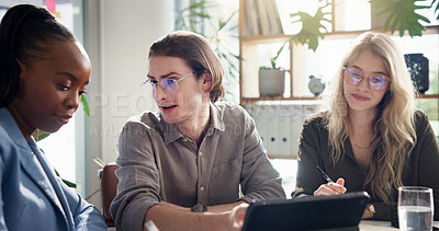 Buy stock photo Meeting, tablet and business people in office, planning and ad agency with feedback for project. Employees, sales consultant and group in workplace, tech and email for proposal, review budget or talk