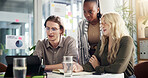 Meeting, tablet and business people in office, collaboration and ad agency with feedback for project. Employees, sales consultant and group with tech, talk or email for proposal or analysis for stats
