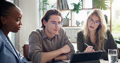 Buy stock photo Meeting, tablet and business people in office, cooperation and ad agency with feedback for budget. Employees, sales consultant and group with teamwork, tech and email for proposal and review ideas