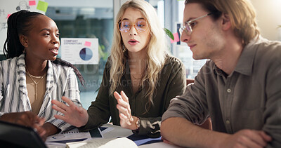 Buy stock photo Discussion, project or people with charts or teamwork for social media subscription or business meeting. Planning, SEO analysts or brainstorming for report documents, graphs growth or startup review