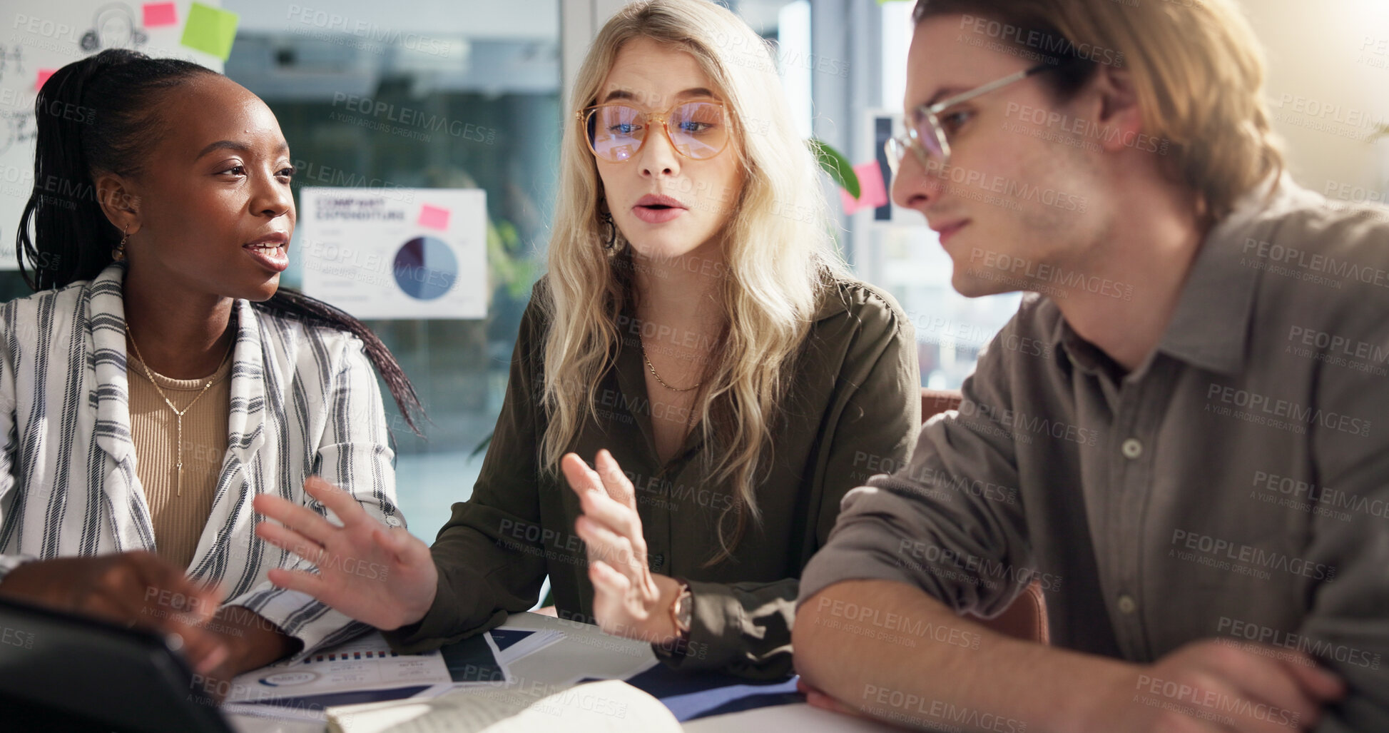 Buy stock photo Discussion, project or people with charts or teamwork for social media subscription or business meeting. Planning, SEO analysts or brainstorming for report documents, graphs growth or startup review