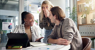 Buy stock photo Excited, tablet and business people in office, surprise and ad agency with positive review. Announcement, sales consultant and group in workplace, shock and email for proposal and approval for budget