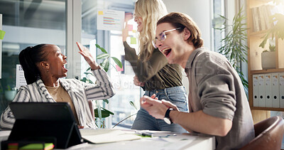 Buy stock photo High five, success and tablet with business people in office for achievement, milestone or motivation. Applause, goals and target with happy employee group in workplace together for team building