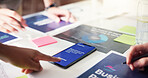 Phone screen, business people and hands with team discussion for music software, ui development or app test. Mobile, group or ux designer planning closeup at startup office for creative brainstorming