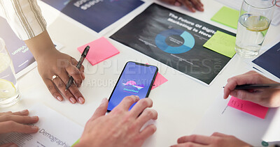 Buy stock photo Phone screen, business people and team planning with app for marketing music software or campaign development. Mobile, group and discussion closeup at startup for advertising, brainstorming and idea