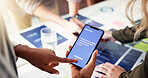 Phone screen, business person and hands on app for  music software, ui development or test. Mobile, team and ux designer in discussion closeup at startup office for creative brainstorming or planning